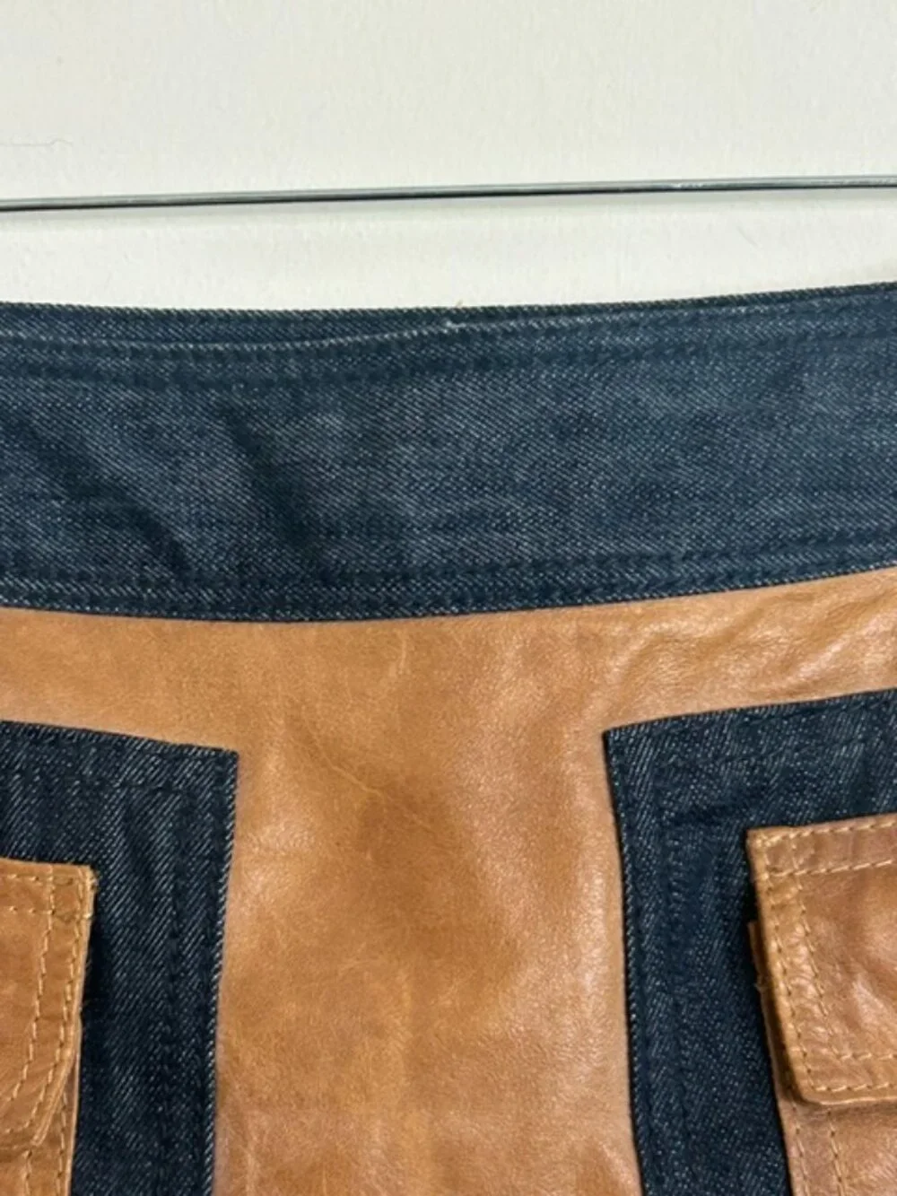Michael Kors Genuine Leather and Denim Lined Pocket Side Zip Cargo Mini Skirt